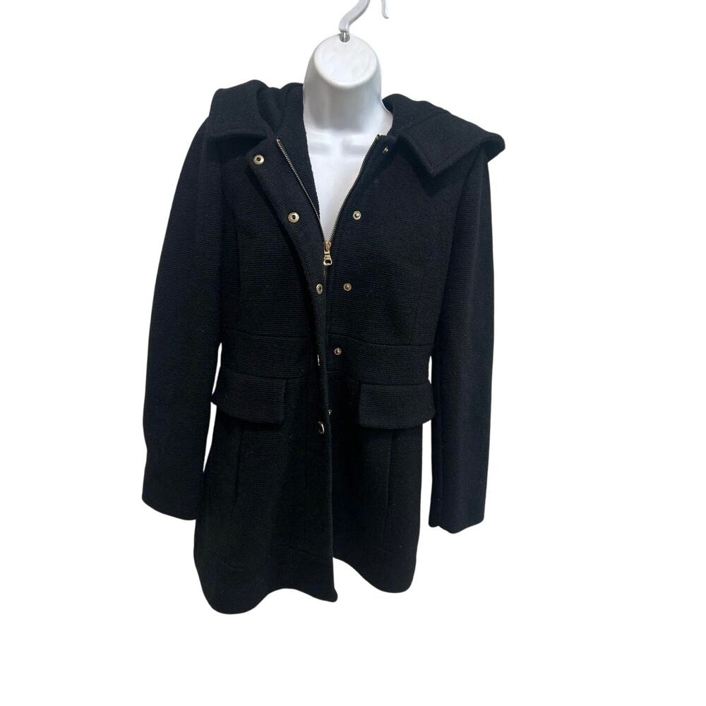 Guess black zip-up hooded pea coat, gold-tone buttons logo-etched Women’s PM